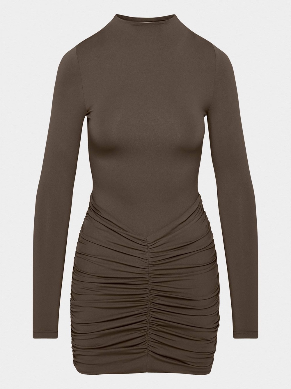 Aritzia Long-Sleeve Ruched Mini Dress in Dark Brown